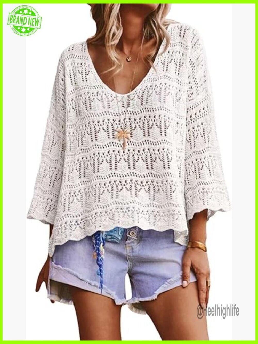 V-Neck Drop Shoulder 3/4 Sleeve Hollow Out Sweater Loose Fit Beach Coverup